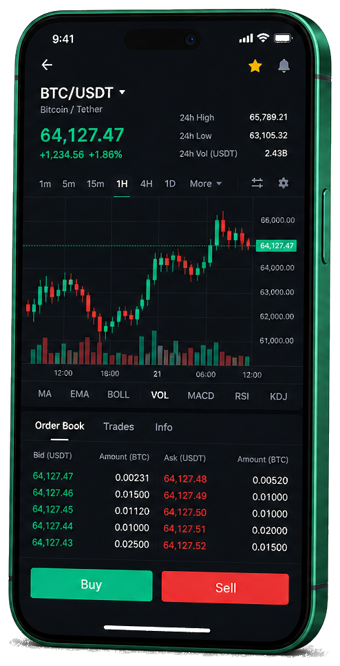 Enginflux mobiel handelsplatform — live BTC/USDT grafiek, orderboek en koop/verkoop interface